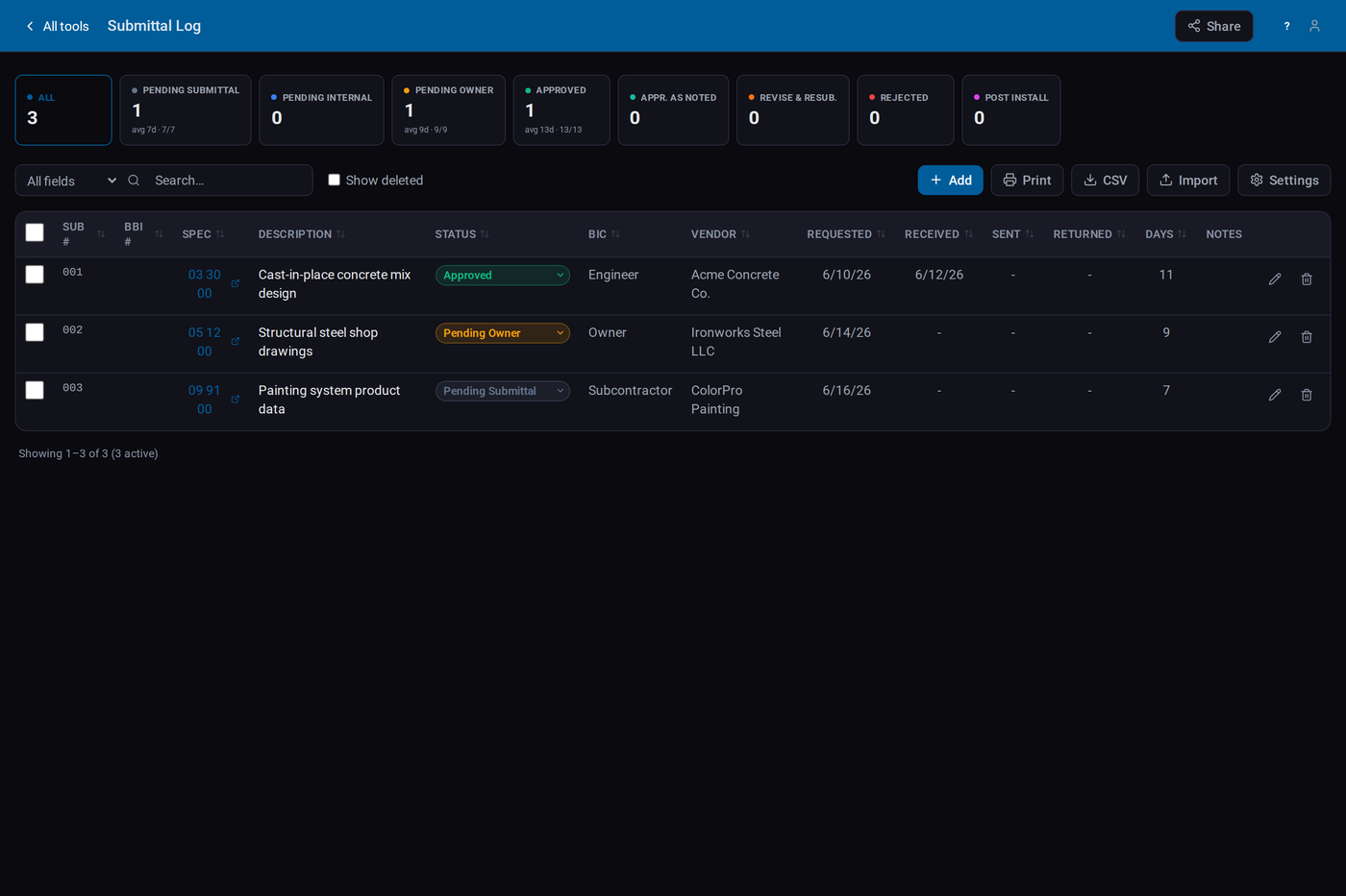 Submittal Log